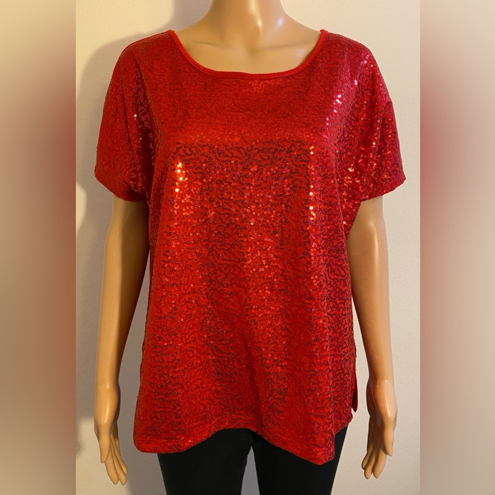 Women Cathy Daniels Red Short Sleeve w/ Front Decorative Sequins Top